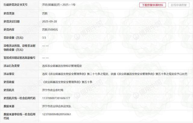 濟寧嘉冠糧油因違反轉基因管理規定被罰:金屬制品廠
